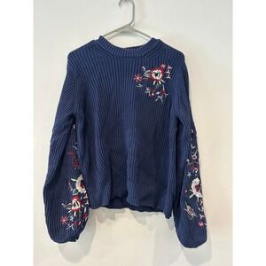 Lucky Brand Navy Blue Embroidered Balloon Sleeve Knit Sweater L G